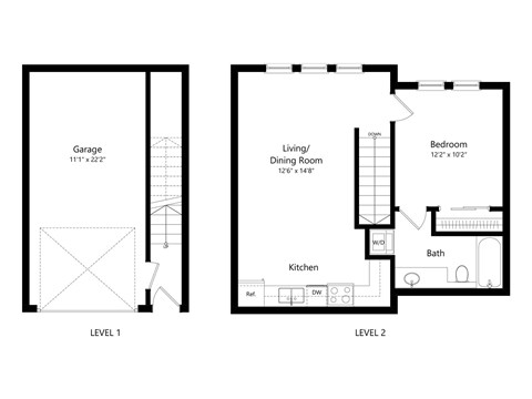 Floor plan for 1 bed, 1 bath, 626 sqft